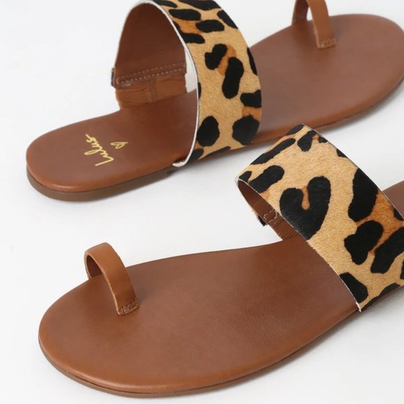 Lulus Tessa Leopard Calf Hair Toe Loop Sandals - Picture 1 of 4